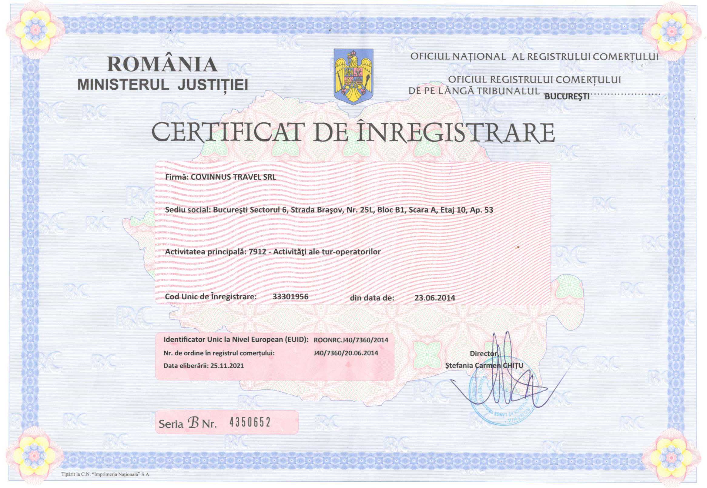 Covinnus Travel Registration Certificate
